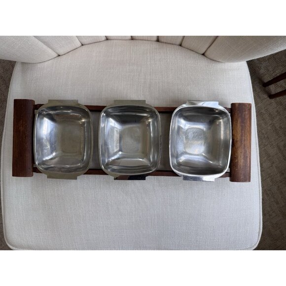 VTG Mid Century Arthur Salm Stainless Steel & Teak Wood 3 Serving Dishes Sweden - Picture 1 of 14